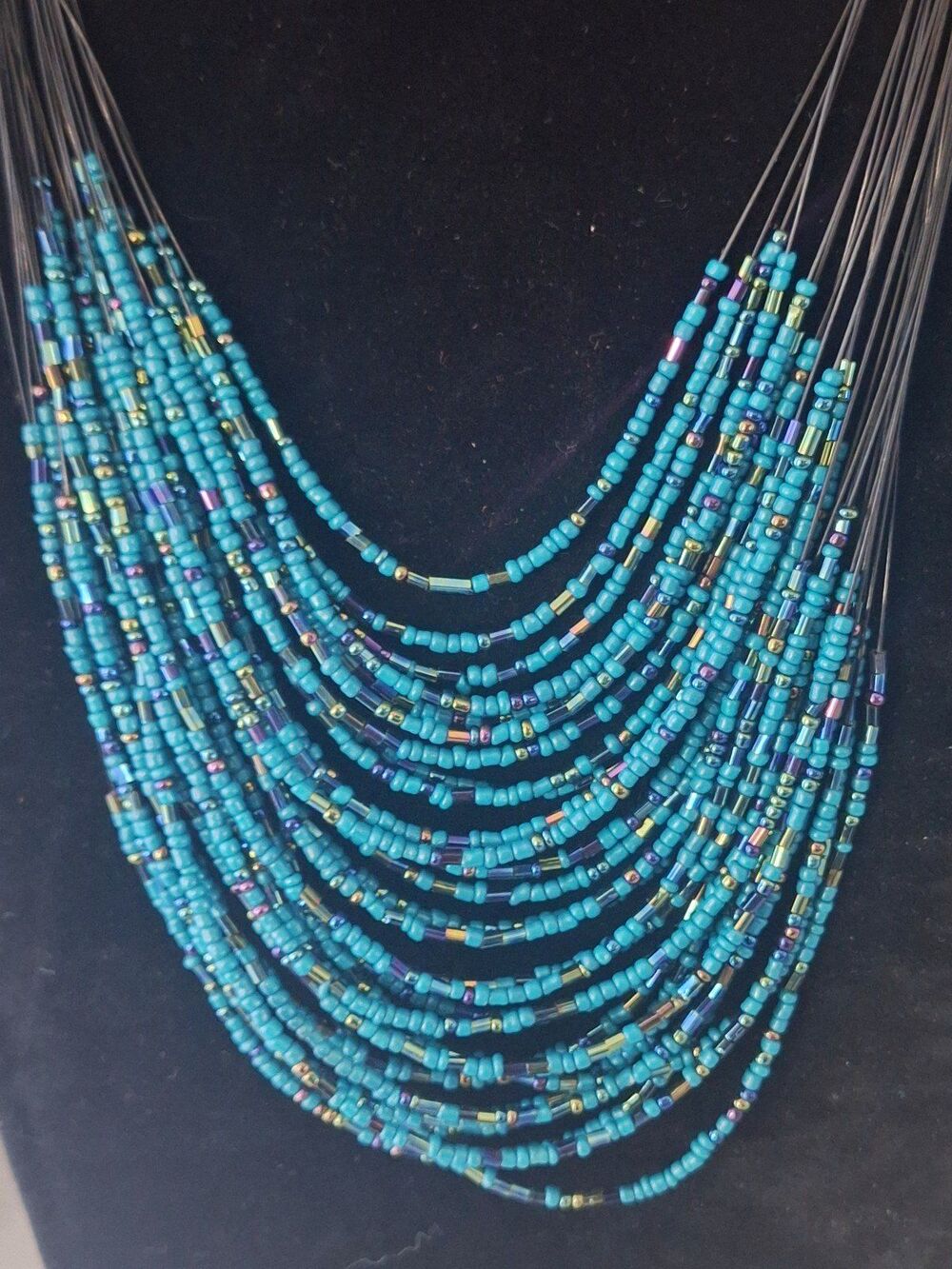 Boho Turquoise Teal Multi-Strand Glass Seed Bead Bib Statement Necklace Waterfal